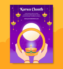Karwa Chauth Festival Indian Poster Template Hand Drawn Cartoon Flat Illustration