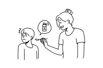 Mother giving unhappy sick child meds. Stubborn ill boy kid refuse taking medications. Children healthcare and medicine. Vector illustration. 