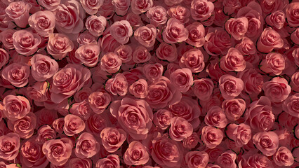 Romantic, Beautiful Wall background with Roses. Pink, Floral Wallpaper with Vibrant, Colorful flowers. 3D Render
