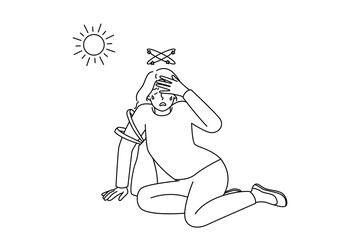 Unhealthy woman fall on ground suffer from heatstroke from hot weather outside. Female feeling bad lose consciousness struggle with heat. Overheat concept. Vector illustration. 