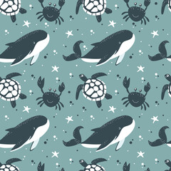 Sea with whale, crab and turtle. Seamless pattern.Vector illustration