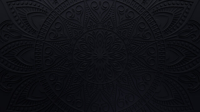 Diwali Celebration Background, with Black 3D Mandala Pattern. 3D Render.