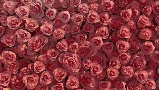 Romantic, Beautiful Wall background with Roses. Pink, Floral Wallpaper with Vibrant, Colorful flowers. 3D Render