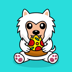 Vector illustration of premium cute dog eating pizza