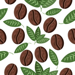 Seamless pattern of coffee beans and leaves on a white background.Vector pattern can be used in textiles, packaging, coffee shop menus.