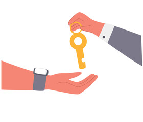 Hands giving keys. Real estate concept. Realtor. Sale of real estate, apartments, houses, cars. Modern cartoon flat style vector illustration isolated on the white background.