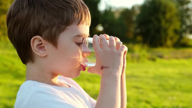 Small cute 6 year old boy holds the glass and drinks clean water. The child is thirsty. Sunny warm evening light. Summer picnic. Drinking balance. Healthy lifestyle. European kid in white t-shirt.
