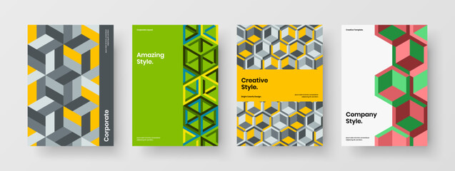 Amazing brochure design vector layout composition. Fresh mosaic hexagons leaflet template bundle.