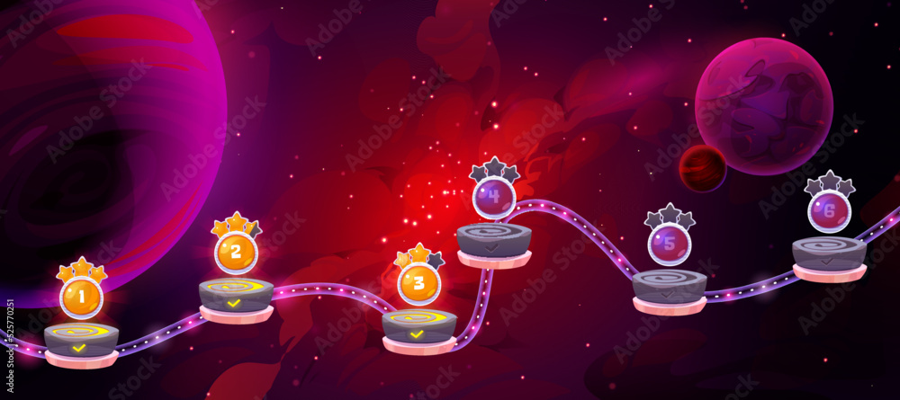 Poster space game level map with futuristic cosmos background, flying platforms with numbers of stages and 