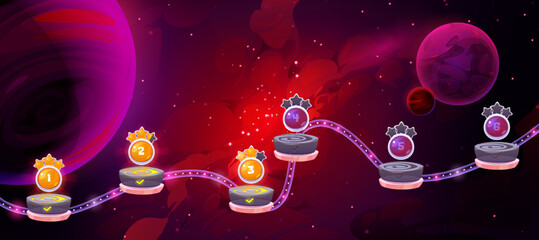 Space game level map with futuristic cosmos background, flying platforms with numbers of stages and gold stars. Futuristic galaxy landscape, vector cartoon background for game interface