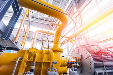 Power electric gas factory plant with yellow pipelines and reed valves