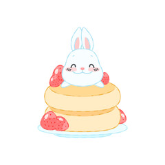 Cute bunny and a strawberry dessert. Flat cartoon illustration of a little white rabbit sitting on a stack of pancakes with berries. Vector 10 EPS.
