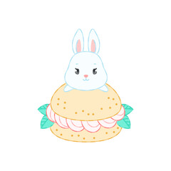 Obraz premium Cute bunny and a strawberry dessert. Flat cartoon illustration of a little white rabbit sitting on a profiterole. Vector 10 EPS.