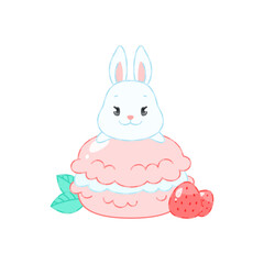 Obraz premium Cute bunny and a strawberry dessert. Flat cartoon illustration of a little white rabbit sitting on a pink macaroon. Vector 10 EPS.