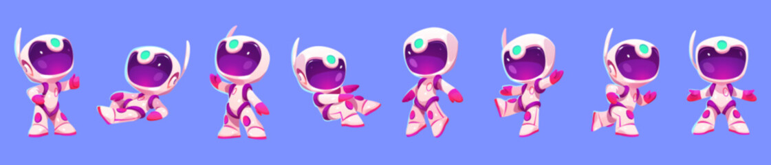 Fototapeta premium Cute little spaceman in suit and helmet in different poses. Vector cartoon set of astronaut character in spacesuit lying, run, jump, show thumb up and waving isolated on blue background