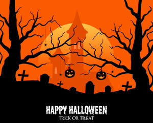 Happy Halloween With Castle And Graveyard Template