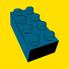 Blue plastic toy brick block. Retro geometric drawing of a childrens construction game on a yellow background. Creative icon for shop, flyer design. Vector flat illustration isolated.
