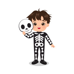 Cute boy wearing Halloween skeleton costume. Flat vector cartoon design