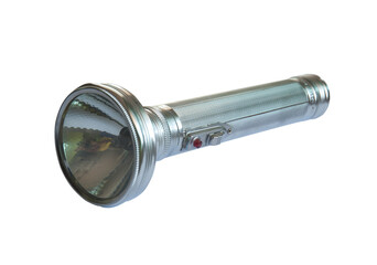 Old metal flashlight isolated transparency background.