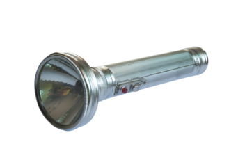 Old metal flashlight isolated transparency background.