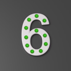 Number 6 from silver and emeralds. Silver font with emeralds. Jewelry letters. Jewelry premium font made of silver and emerald. Black background. 3d illustration.