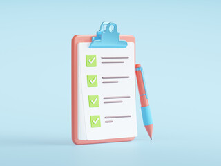 Checklist icon, clipboard with paper notes with tick marks and pen. Office document, survey, test or questionnaire form with check list isolated on background, 3d render illustration