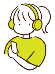 ヘッドホンをつけて音楽を聴くスポーティーな女の子のおしゃれな線画イラスト