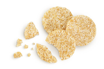 coconut cookies with white flax seeds and honey isolated on white background. Healthy food. Top view. Flat lay