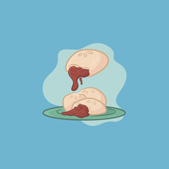 Illustration of red bean mochi on a green plate on a blue background