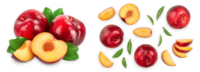 fresh red plum and half with leaves isolated on white background. Set or collection