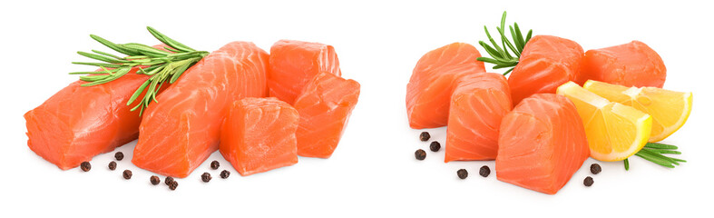 raw salmon piece cube with rosemary and peppercorn isolated on white background close up. Set or collection
