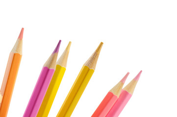 Fototapeta premium close-up of color pencils Select a specific focus on yellow on write background