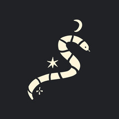 Snake silhouette with moon and stars. Black and white vector illustration. Modern print, mystic art. 