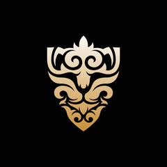 Lion Animal Luxury Ornament Creative Logo, lion logo design vector template, Lion shield logo design, lion head silhouette and shield crest heraldry vector icon