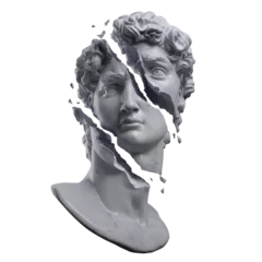 Deurstickers Abstract illustration from 3D rendering of a white marble bust of male classical sculpture broken shattered in three large pieces and tiny fragments. © Rrose Selavy