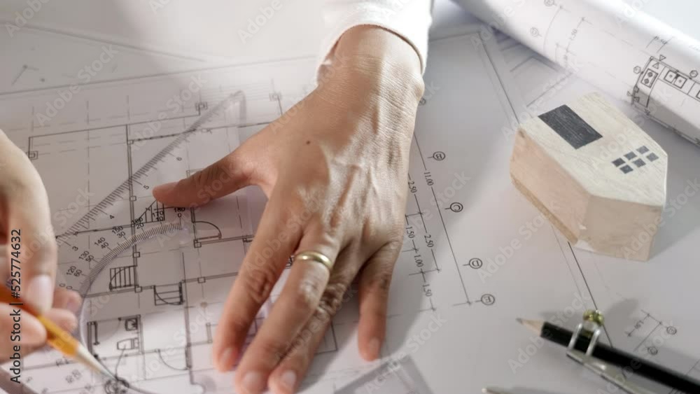 Poster architectural project workspace. top view of architect drawing with ruler on house plan blueprint pa