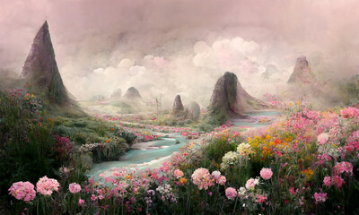 dreamy surreal landscape small  river , and flower field, pastel colours, desaturated, digital illustration - obrazy, fototapety, plakaty
