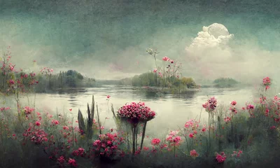 Foto auf Leinwand dreamy surreal landscape lake , vegetation and flowers, pastel colours, desaturated, digital illustration © Coka