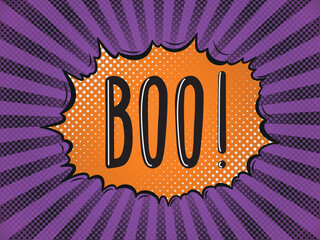 Text Boo! in a speech bubble. Orange explosion in pop art style. Vector illustration