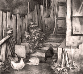 Chickens in the yard near the barn. Pencil drawing