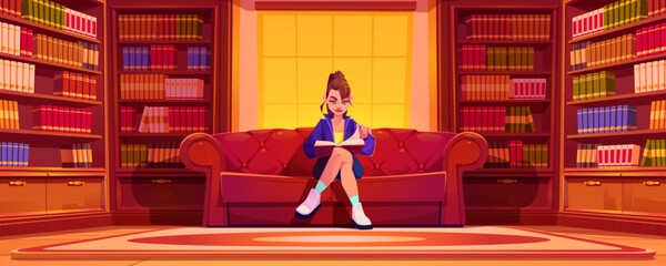 Fototapeta na wymiar Young woman reading book in library at home or university. Thoughtful girl student or bookworm sitting on luxury couch in large room with volume rows around on shelves, Cartoon vector illustration