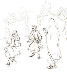 The guy with the sword attacks the man. Pencil drawing