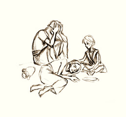 Dying of hunger. Pencil drawing