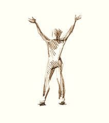 The man raised his hands up. Back view. Pencil drawing