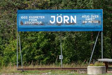 Jorn, Sweden Aug 23, 2022 A sign in Swedish says "1,002 kilometers from Stockholm."