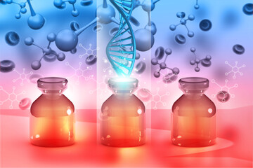 DNA and molecules with medical bottle. 3d illustration.