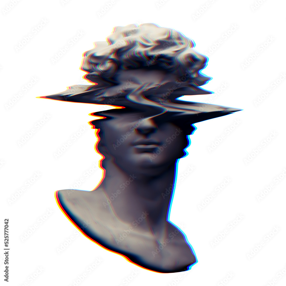 Poster digital offset cmyk offset misprint mode illustration of classical male head bust sculpture from 3d 