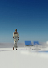 Blonde woman in white dress by a pool on a sunny day. 3D render.