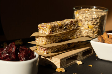 Homemade natural Granola energy bar. Variety of homemade Protein granola breakfast bars ingredients...