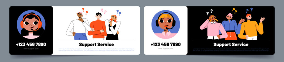 Set of support service banners. Flat vector illustration of male, female call center managers wearing headsets on black, white background. Many puzzled customers asking helpdesk operators questions